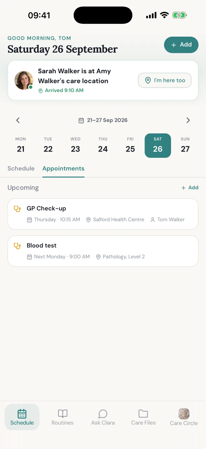 Upcoming appointments: a GP check-up at Salford Health Centre and a blood test